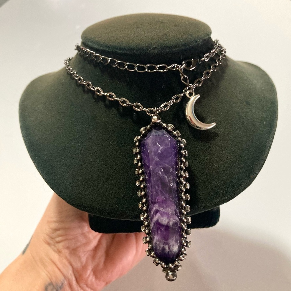 Genuine raw long amethyst crystal stone boho charm moon necklace - Picture 14 of 14